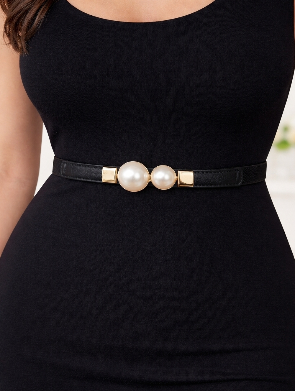 Elegant Black and Gold Stretch Belt with Pearl Accents